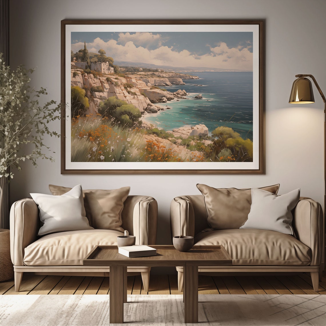 Rocky Turquoise Coastline Cliff Villa Wildflowers Oil Painting Poster - Image 2