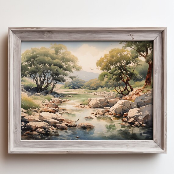 Serene Countryside Rocky River Stream Sunlit Trees Quiet Meadow Poster