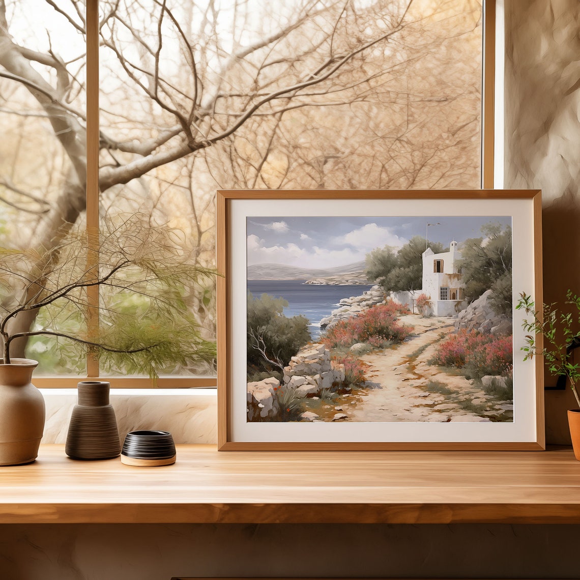 White Coastal Cottage Painting Flag Rocky Path Flower Sea Poster - Image 4