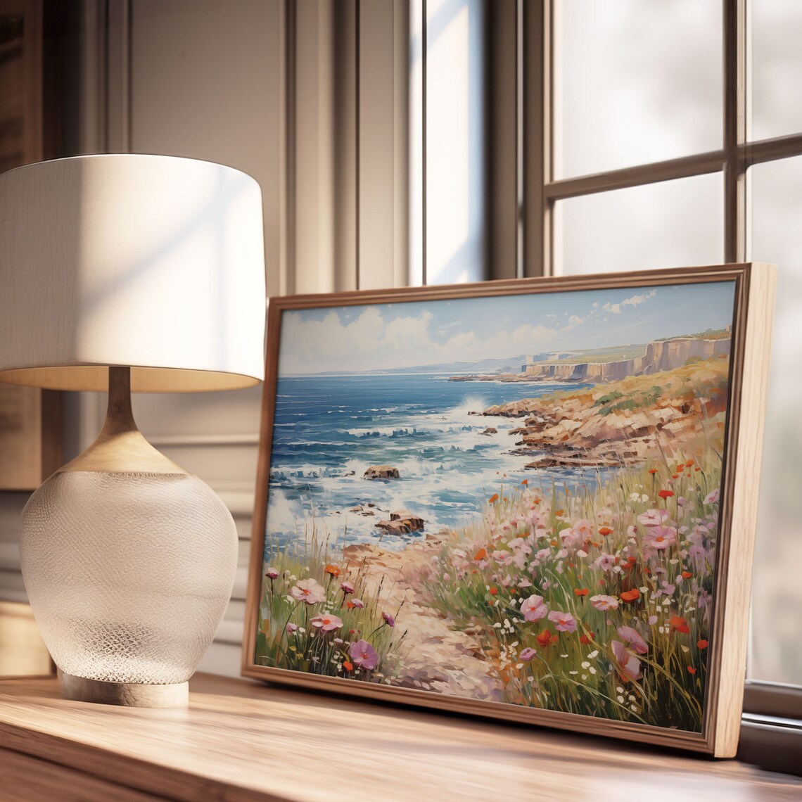 Ocean Cliff Waves Coastal Wildflowers Seascape Oil Painting Poster - Image 3