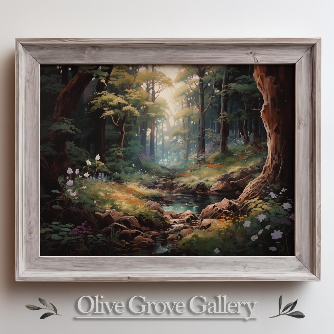 Woodland Stream Rocks Wildflower Forest Light Oil Painting Poster