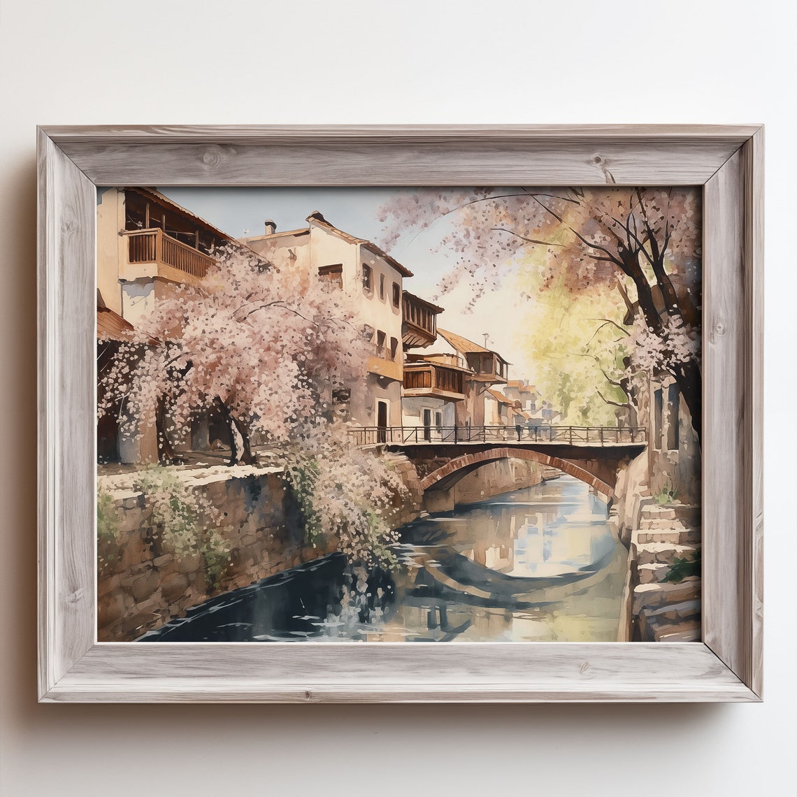 Springtime Stone Bridge Canal Old Town Cherry Blossom Scene Poster