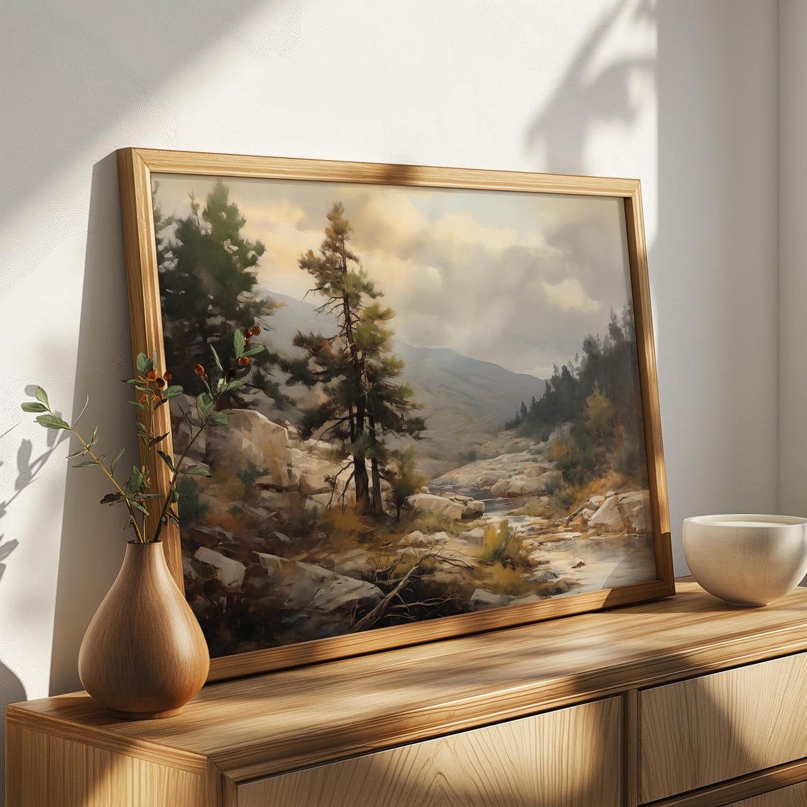 Mountain River Pines Painting Moody Forest Water Boulders Poster - Image 4
