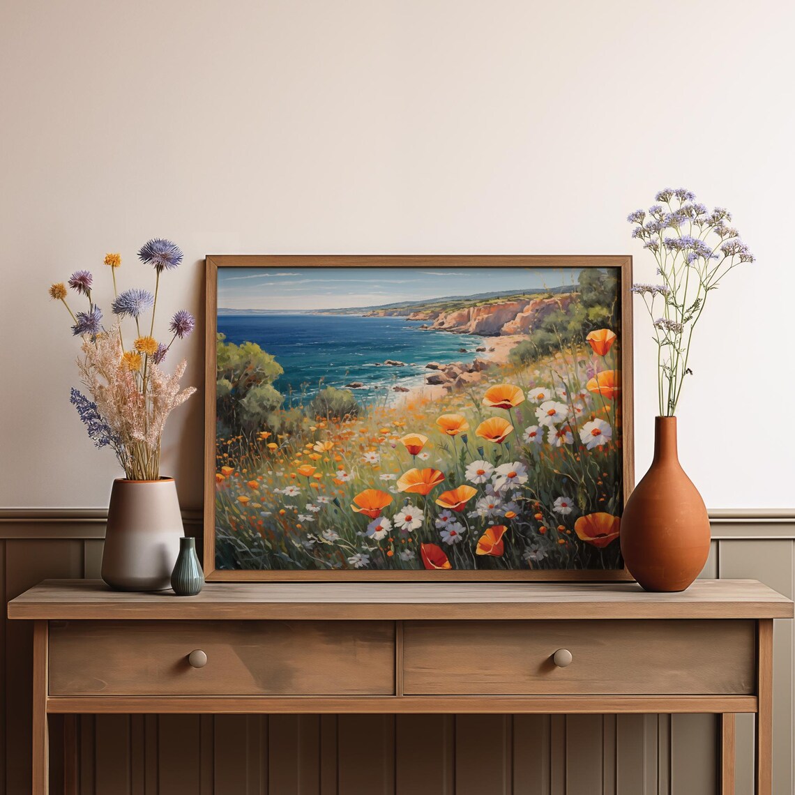 Orange Poppy Field Cliff Overlooking Turquoise Sea Coastal Poster - Image 3