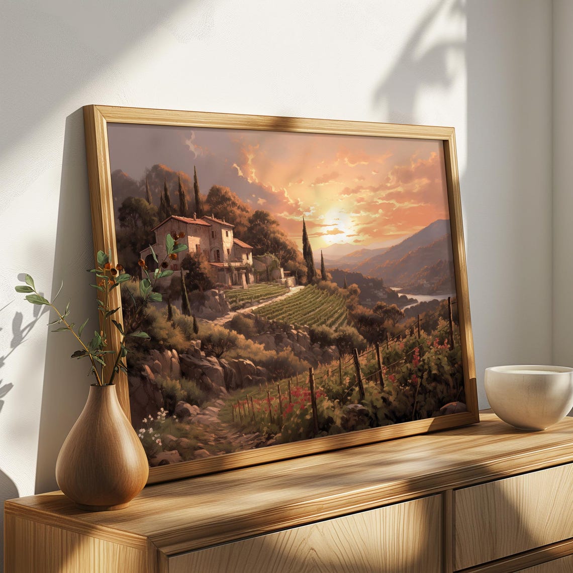 Vineyard Hillside Villa At Sunset With Grape Vines Lake View Poster - Image 4
