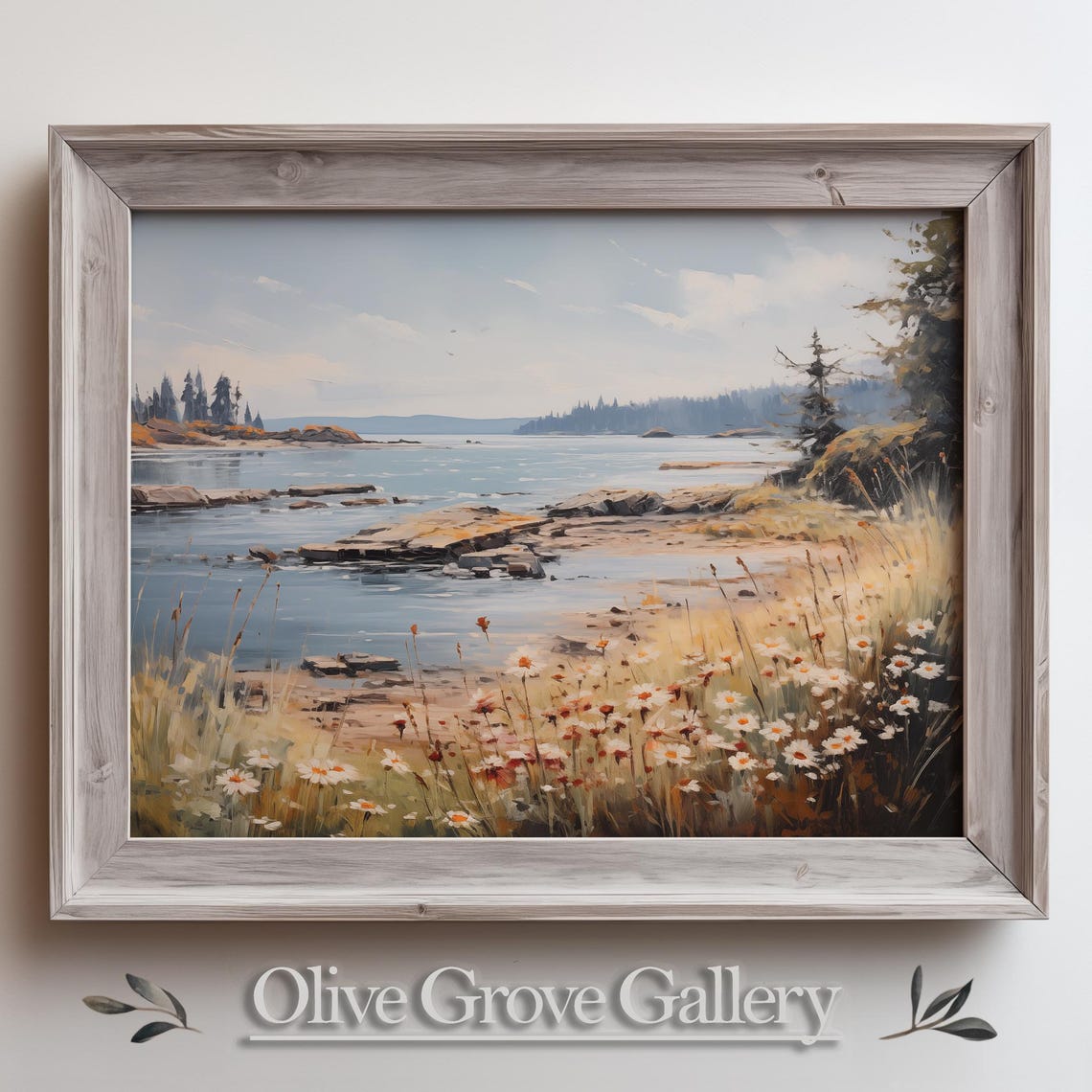 Tranquil Coastal Scene Painting Seaside Daisy Meadow Ocean View Poster