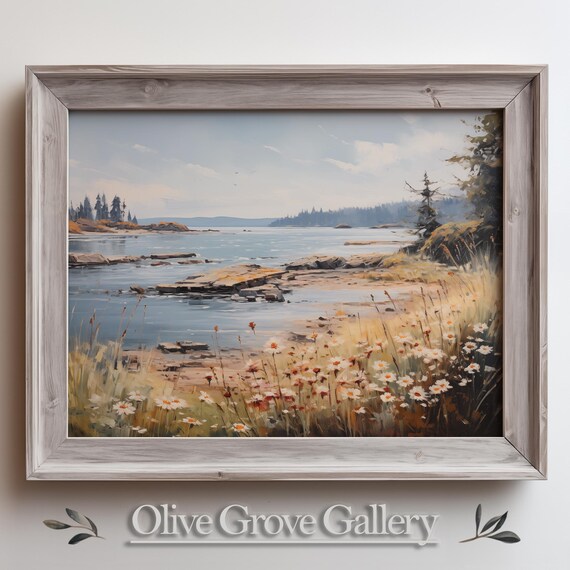 Tranquil Coastal Scene Painting Seaside Daisy Meadow Ocean View Poster