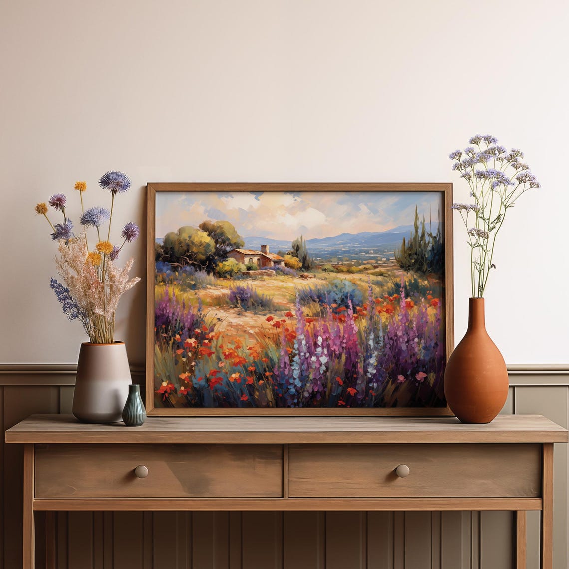 Wildflower Meadow Rustic House Mountain Vintage Oil Painting Poster - Image 3