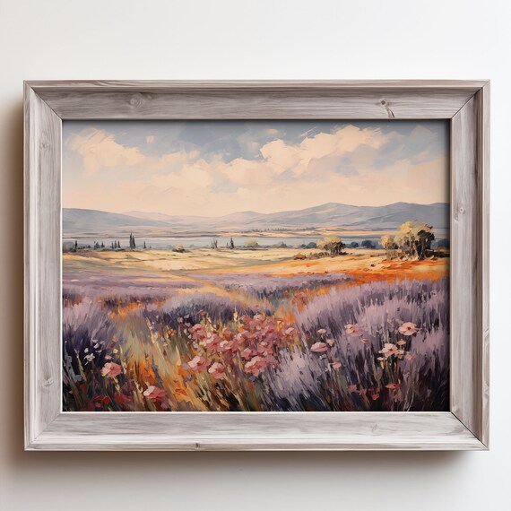 Lavender Field Pink Cosmos Flowers Rolling Hills Oil Painting Poster