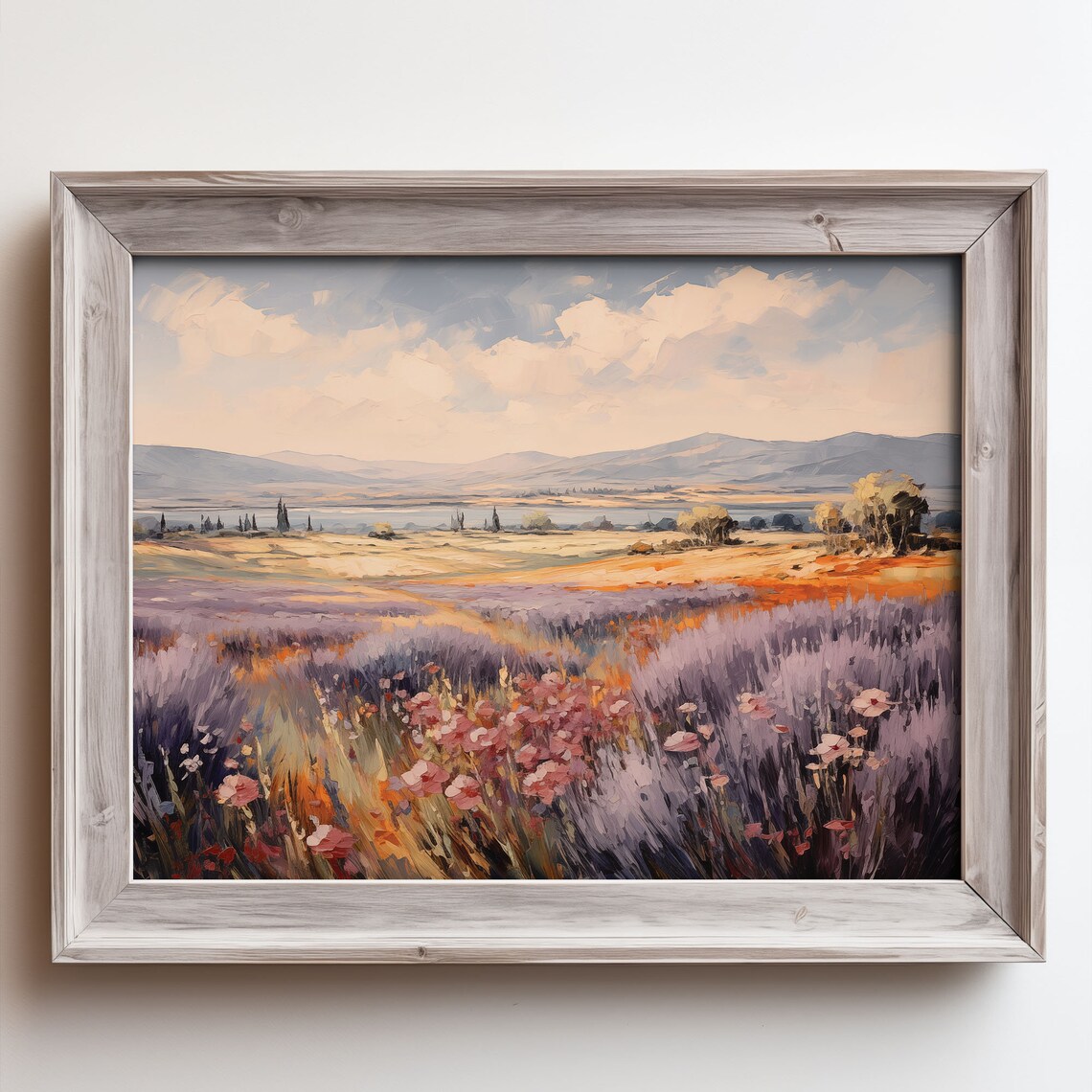 Lavender Field Pink Cosmos Flowers Rolling Hills Oil Painting Poster