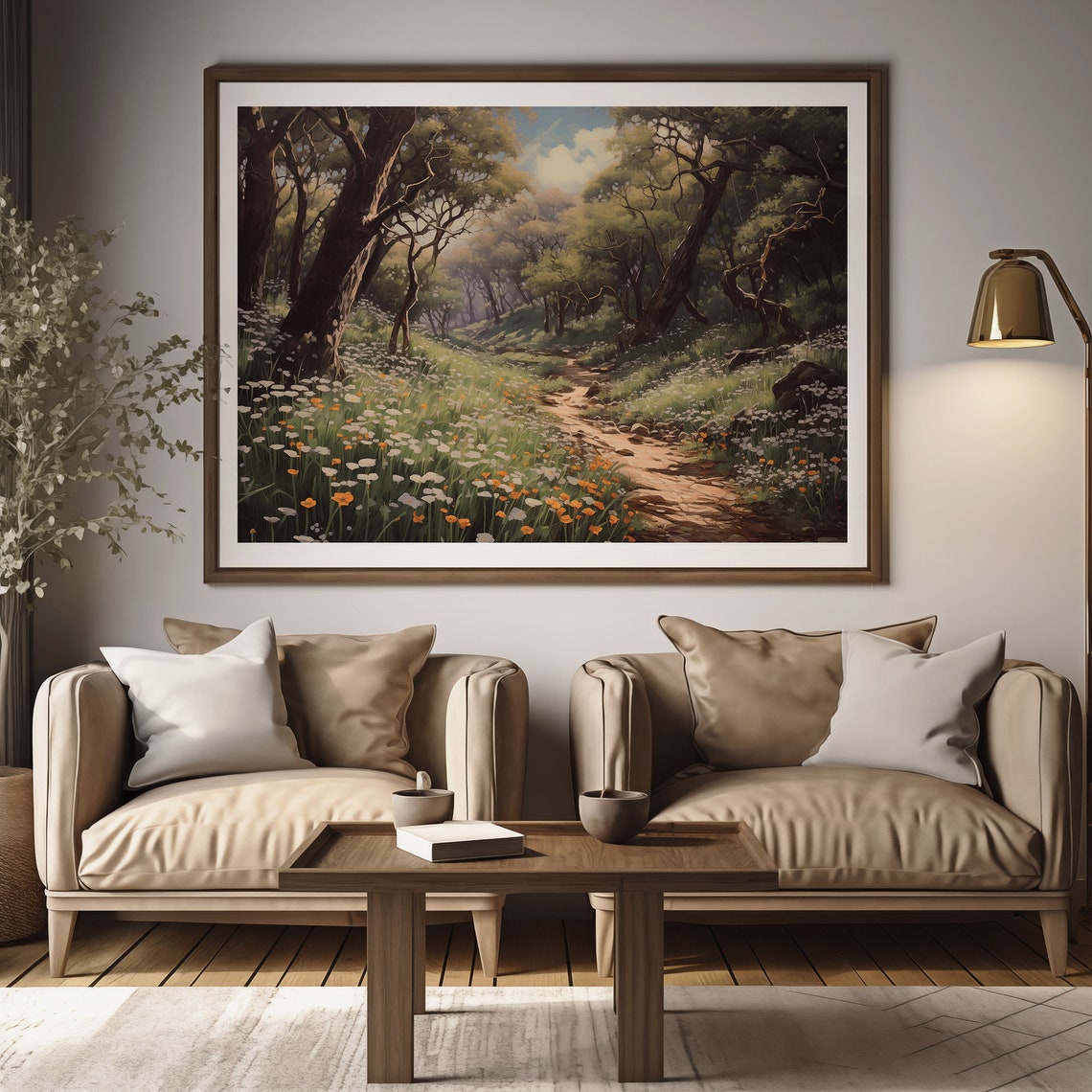 Woodland Path Through Flowering Oaks Daisies Vintage Forest Print - Image 2