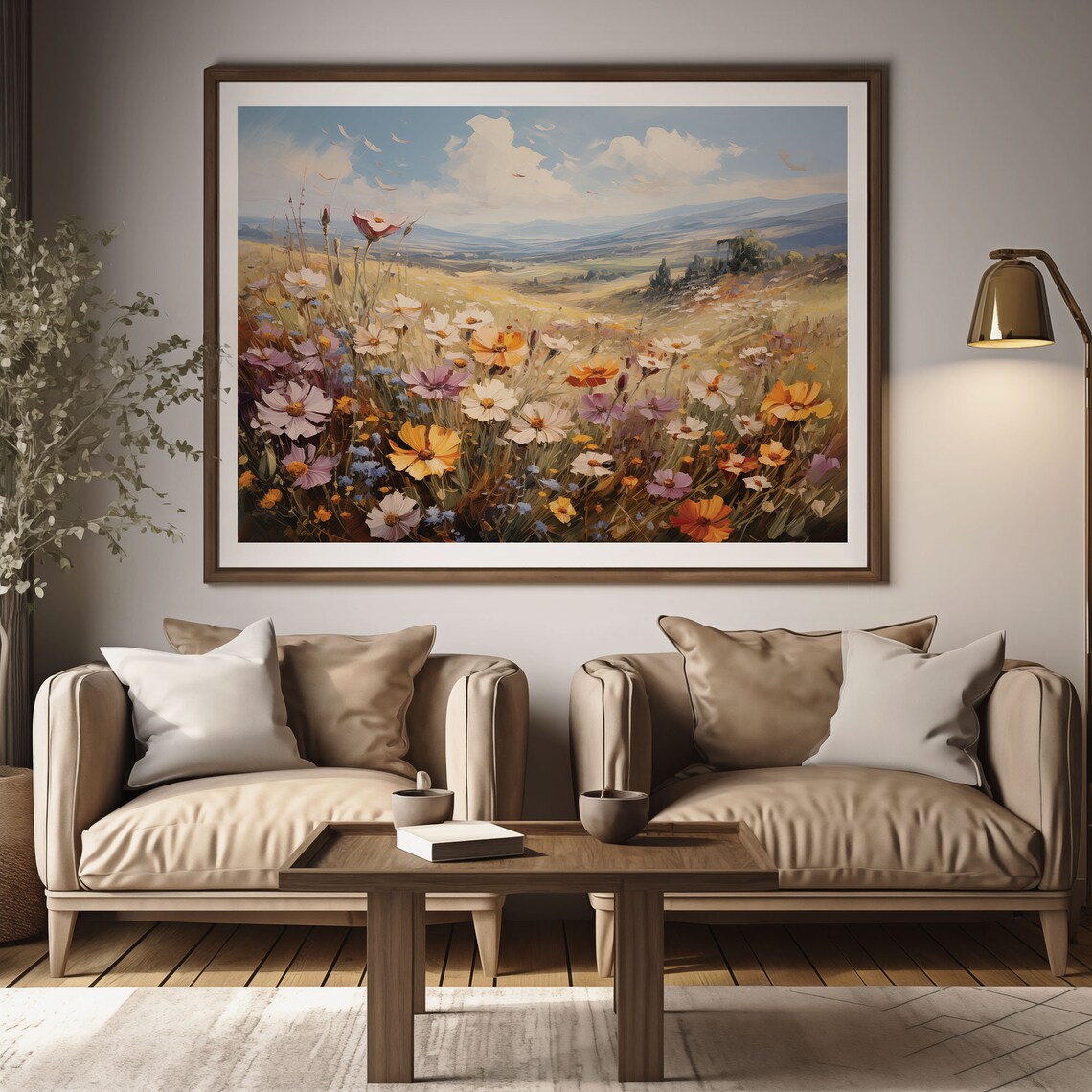 Wildflower Meadow Flying Birds Blue Sky Rolling Hills Oil Painting Poster - Image 2
