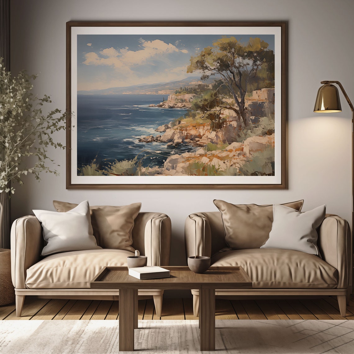 Rocky Coastal Cliffs Windswept Tree Blue Sea Oil Painting Poster - Image 2