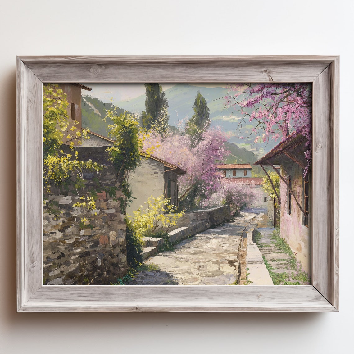 Spring Blossom Lane with Stone Cottages Oil Painting Style Poster