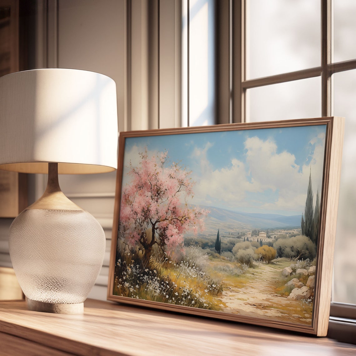 Pink Blossom Tree Over Wildflower Meadow Path Oil Painting Poster - Image 3