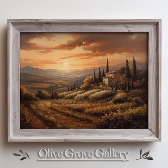 Sunset Over Rolling Hills And Villa Serene Countryside Wall Art Rustic Landscape Painting Warm Nature Inspired Decor Instant