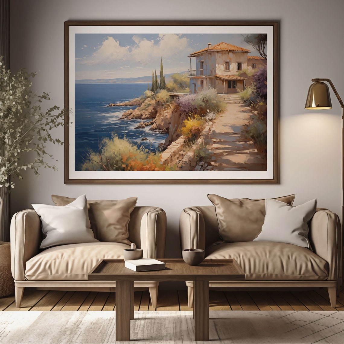 Cliffside Seaside Villa Rocky Shore Blue Ocean Oil Painting Poster - Image 2
