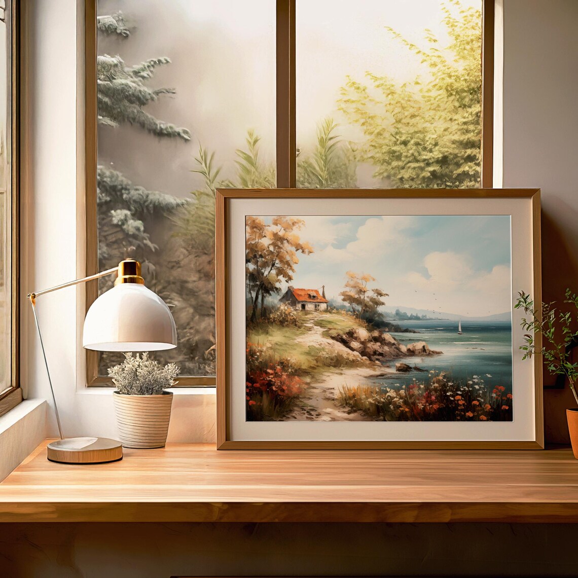 Coastal Cottage Sailboat Rocky Shore Seaside Village Art Poster - Image 3