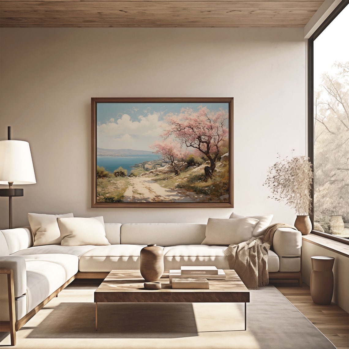 Springtime Pink Flowering Trees Coastal Road Bright Blue Bay Poster - Image 4