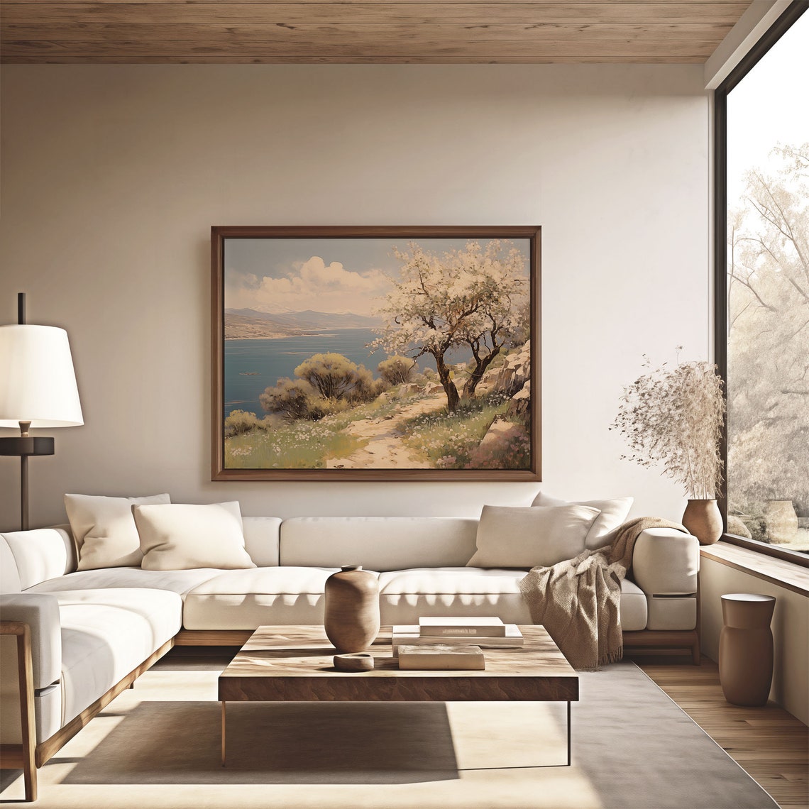 White Blossom Tree on Hillside Path Above the Bay Oil Painting Poster - Image 4