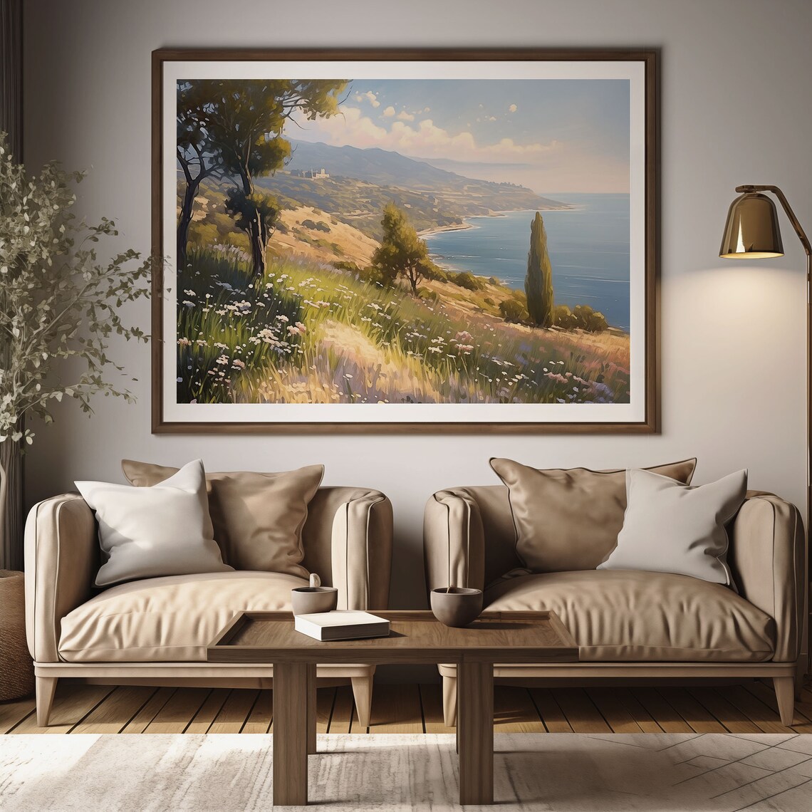 Mediterranean Wildflower Hillside Coast Trees Sunny Seaside View Poster - Image 2