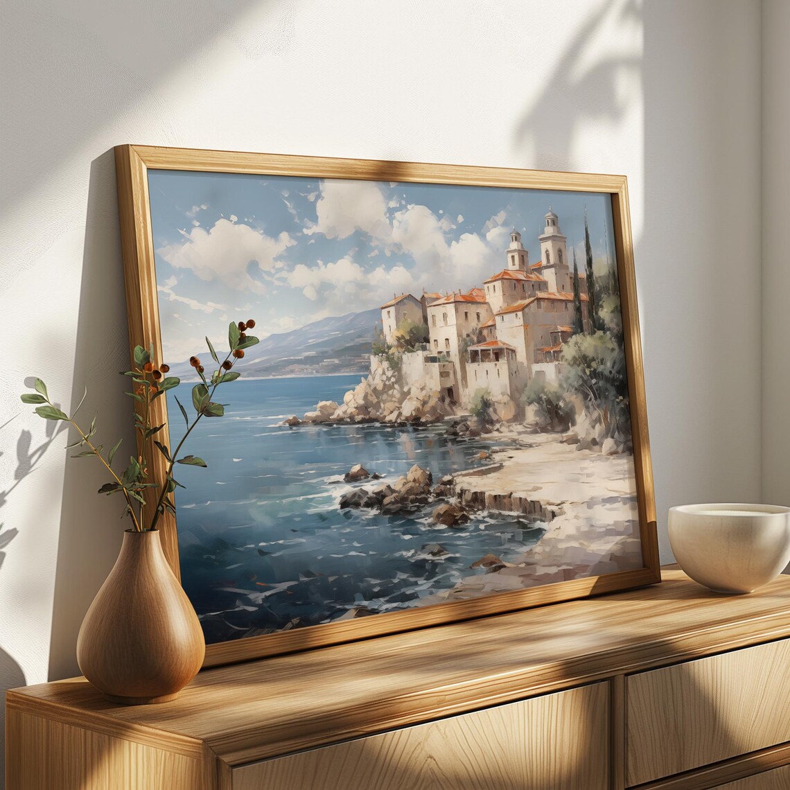 Seaside Village On Rocky Coast With Church Towers And Blue Sea Poster - Image 4