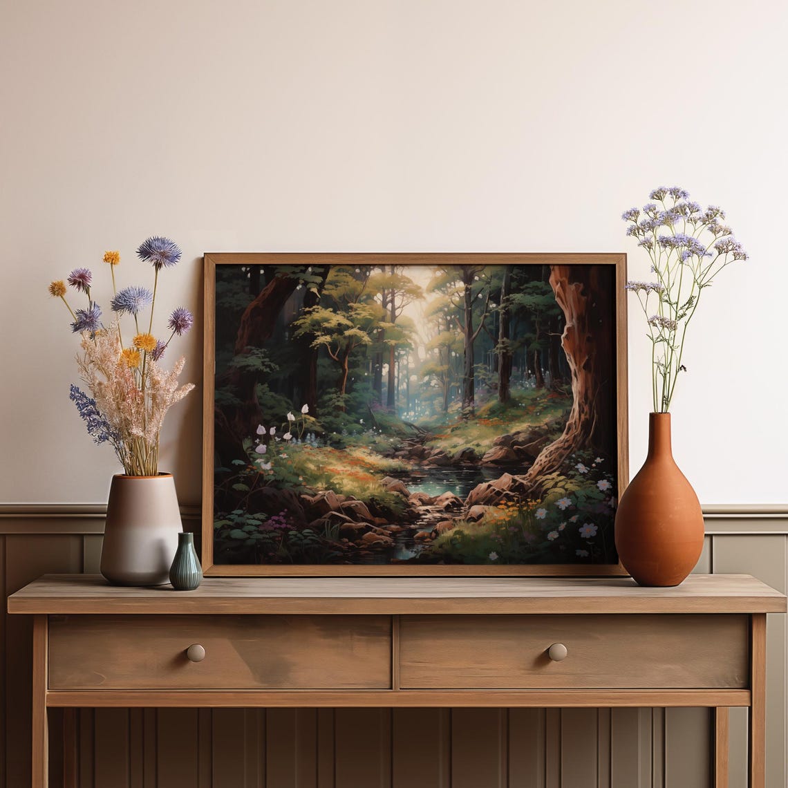 Woodland Stream Rocks Wildflower Forest Light Oil Painting Poster - Image 3