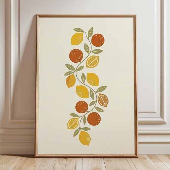 Minimalist Citrus Lemon And Orange Branch Mediterranean Kitchen Art Print