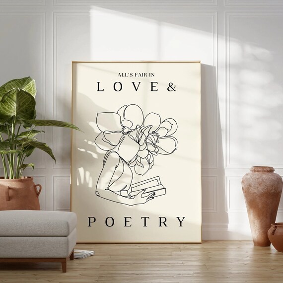 Alls Fair In Love And Poetry Line Art Woman Reading Quote Poster
