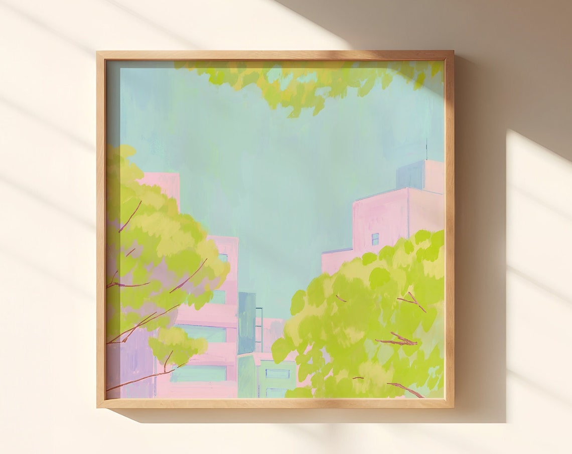 Pastel Pink Cityscape With Green Trees Abstract Urban Poster - Image 2