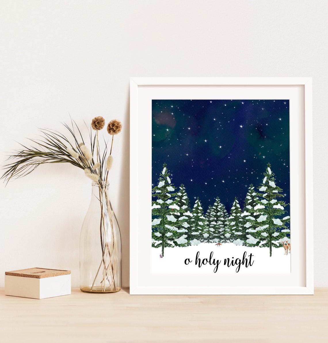 O Holy Night Starry Sky Watercolor Snowy Pine Forest Christmas Poster - Image 3