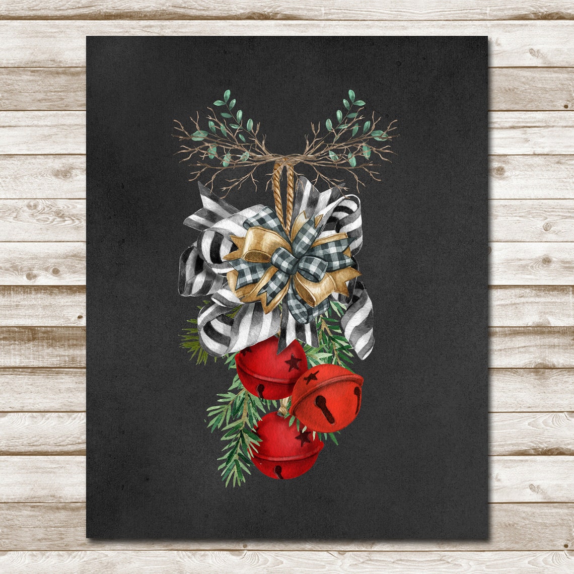 Jingle Bells Chalkboard Red Sleigh Bells Buffalo Check Bow Poster - Image 4