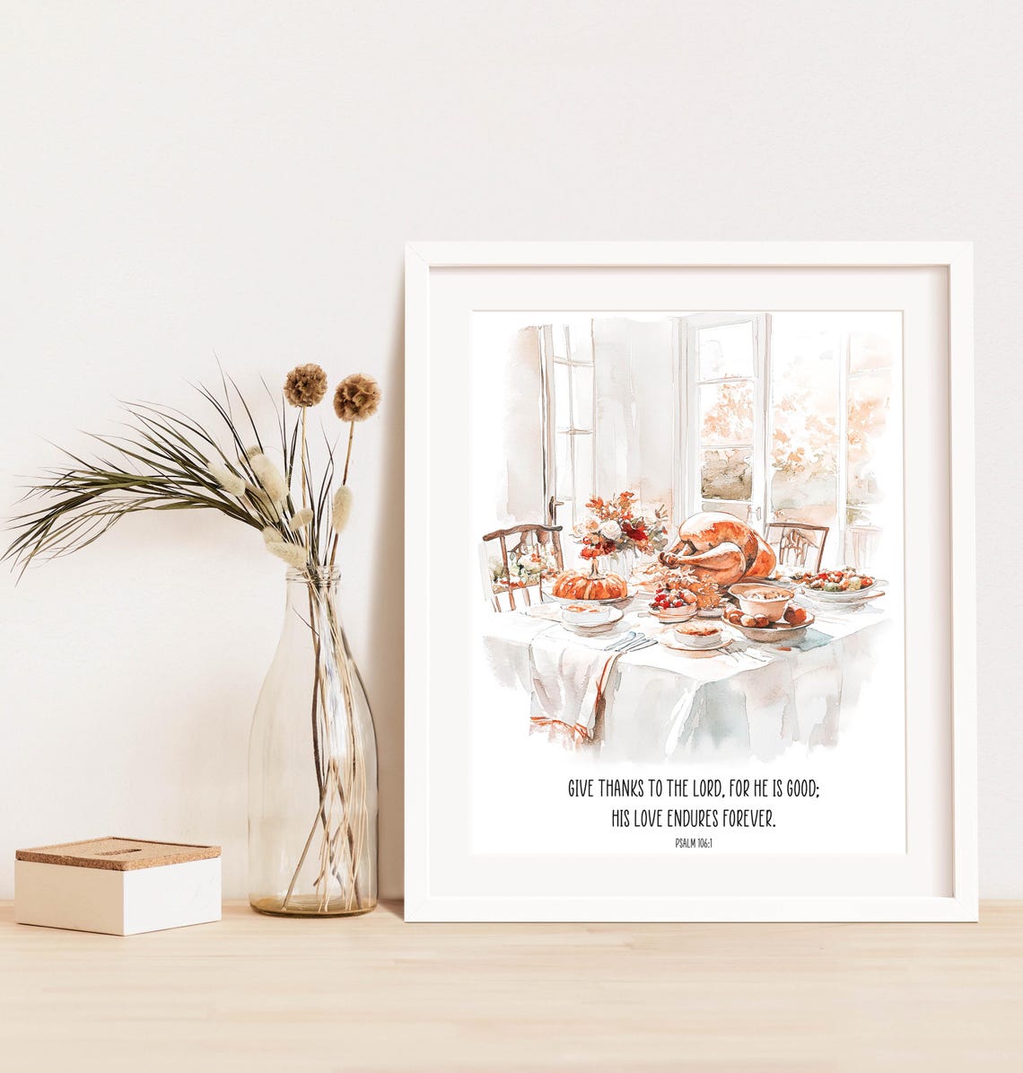 Give Thanks To The Lord Psalm 106 Turkey Feast Table Watercolor Poster - Image 2