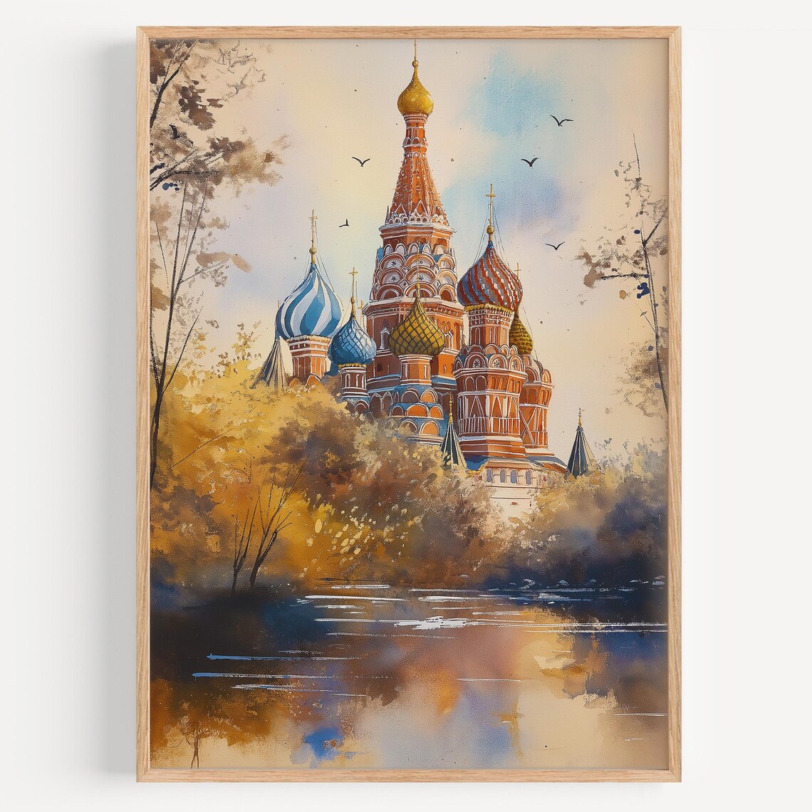 Moscow Russia St Basils Cathedral Watercolor Onion Domes Autumn Travel Poster