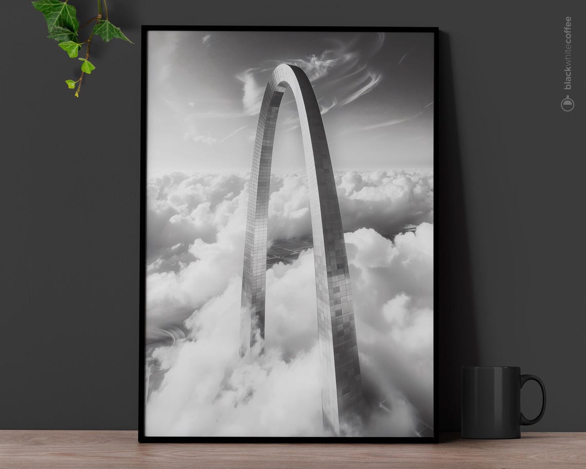 Gateway Arch St Louis Black White Cloudy Aerial Photo Poster