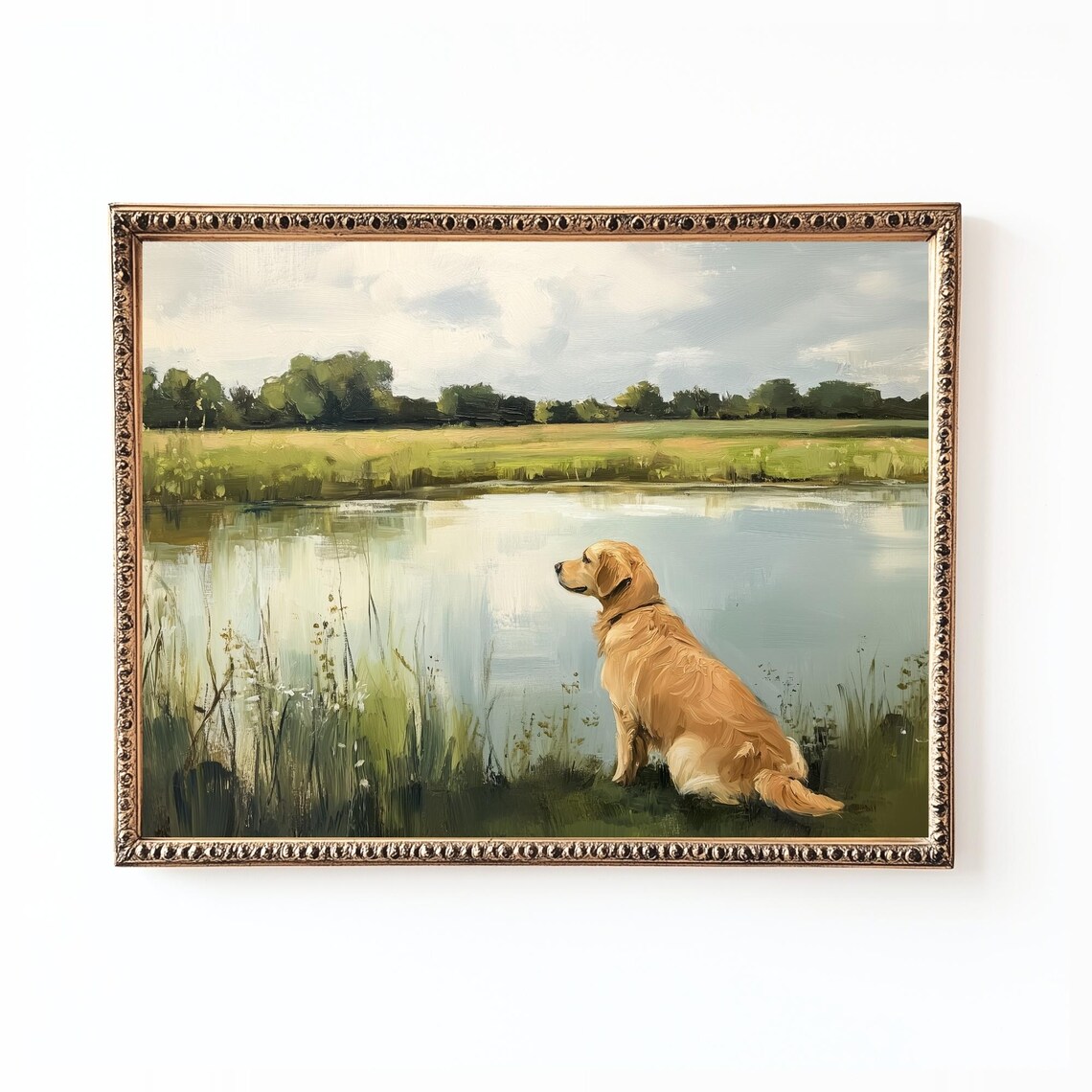 Golden Retriever Lake Print, Rustic Farmhouse