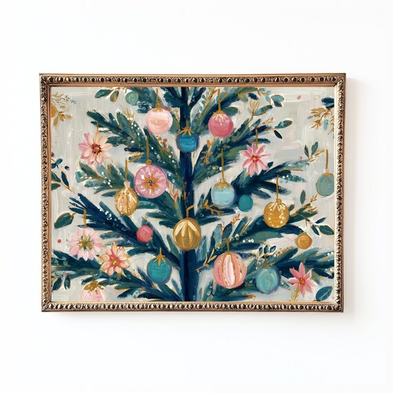 Floral Christmas Tree With Pastel Ornaments Festive Painting Poster