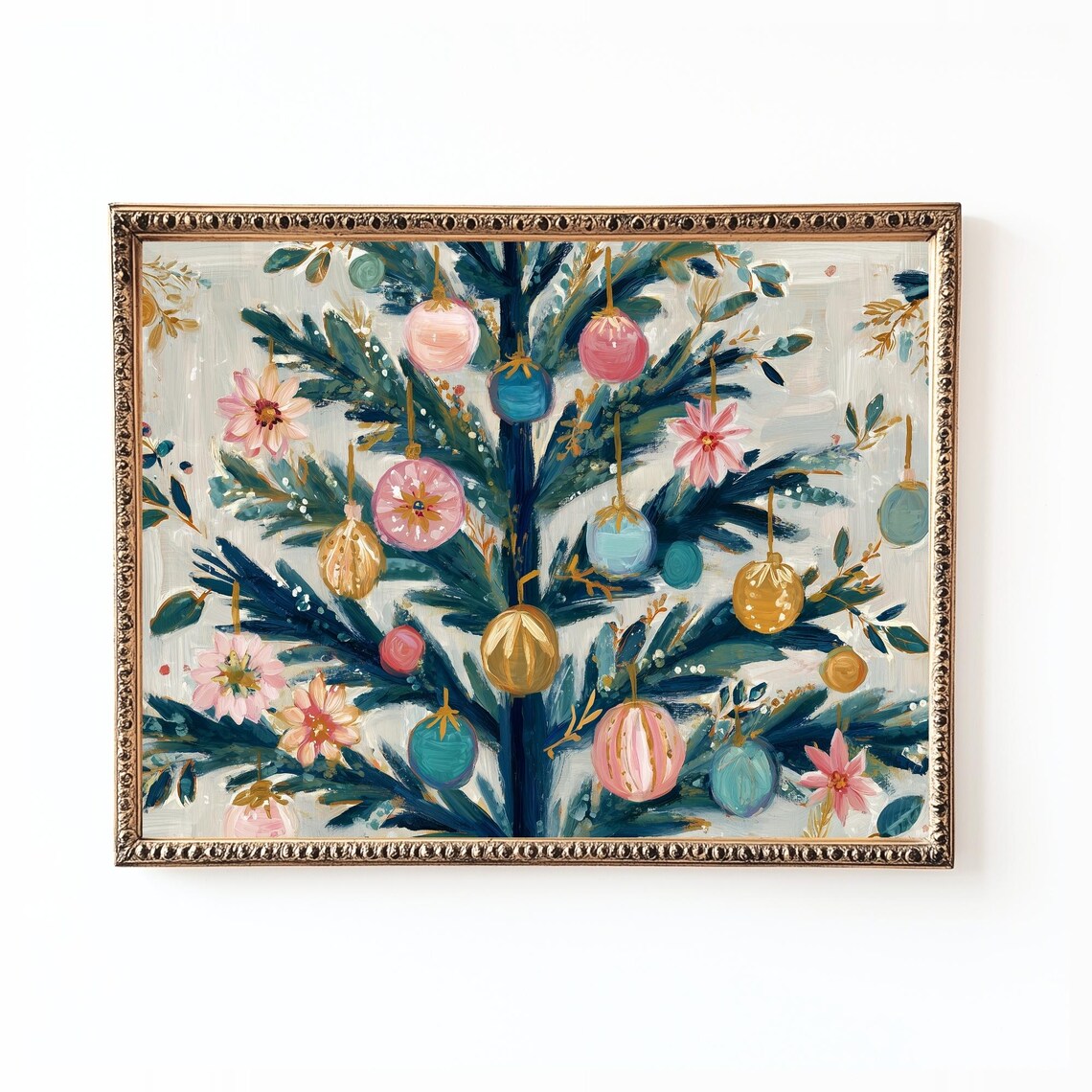 Floral Christmas Tree With Pastel Ornaments Festive Painting Poster
