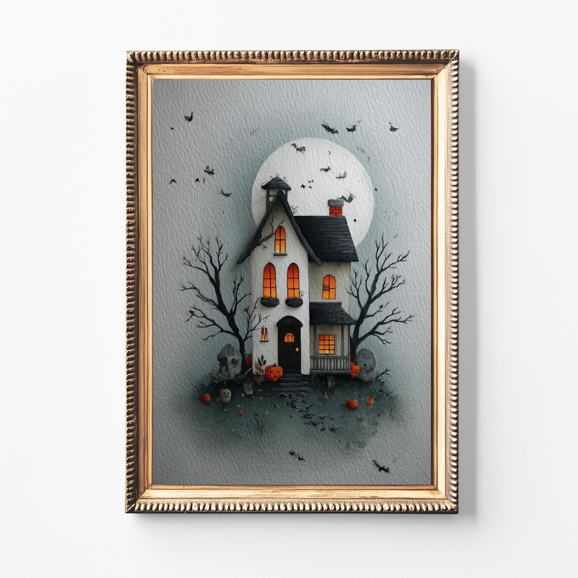 Vintage Haunted House Halloween Print Spooky Black Cat Decor