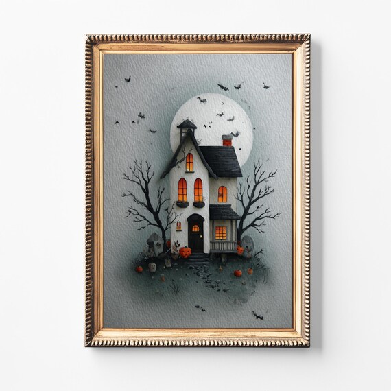 Vintage Haunted House Halloween Print Spooky Black Cat Decor