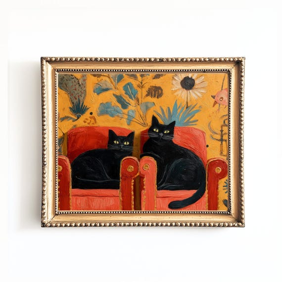 Black Cat Floral Print, Whimsical Vintage-Inspired Art Print