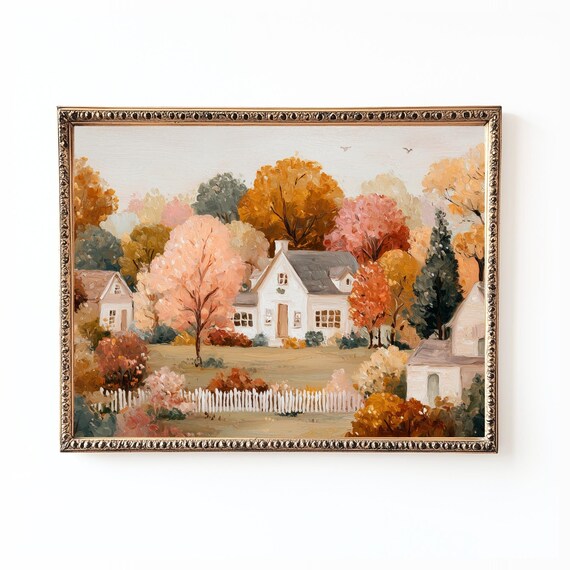 Vintage Autumn Farmhouse, Rustic Country Landscape Art Print