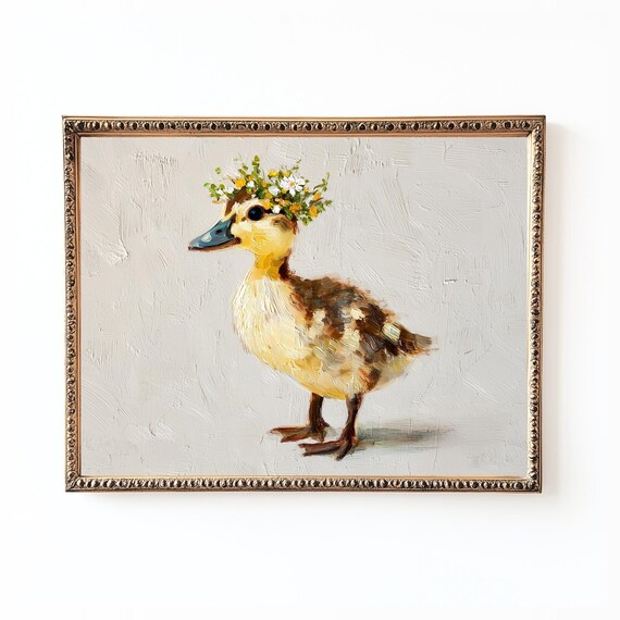 Baby Duckling Wearing Floral Crown Nursery Oil Painting Print