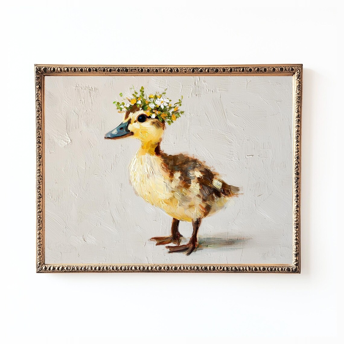 Baby Duckling Wearing Floral Crown Nursery Oil Painting Print