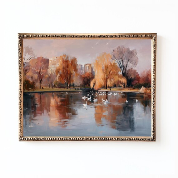 Autumn Lake Swans Painting Farmhouse Nature Art