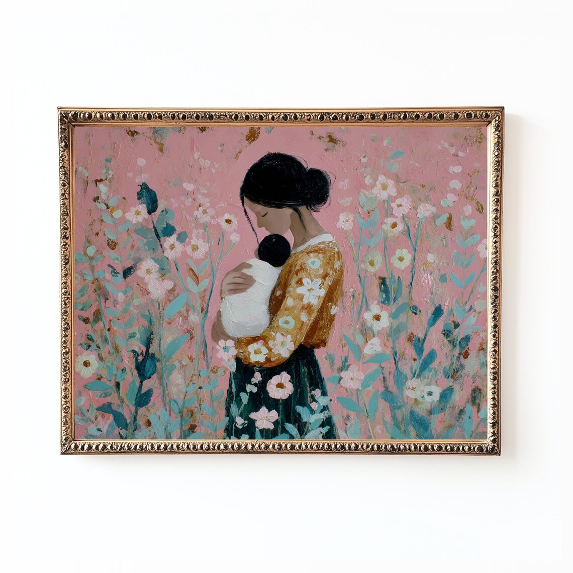 Sweet Mother Holding Baby Pink Wildflower Field Painting Poster