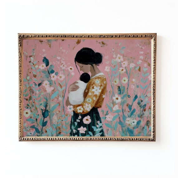 Sweet Mother Holding Baby Pink Wildflower Field Painting Poster
