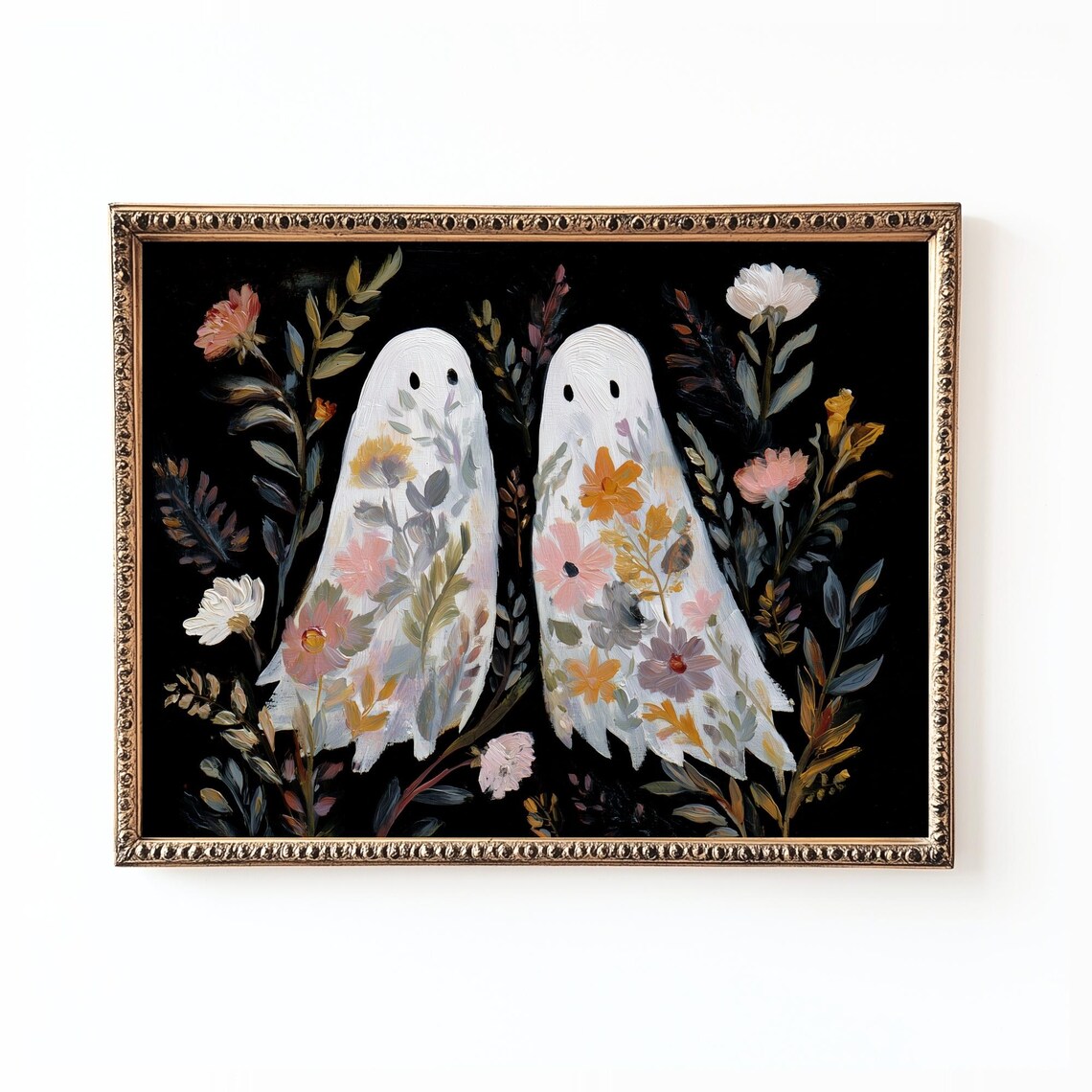 Vintage Halloween Floral Folk Art, Fall Decor Print