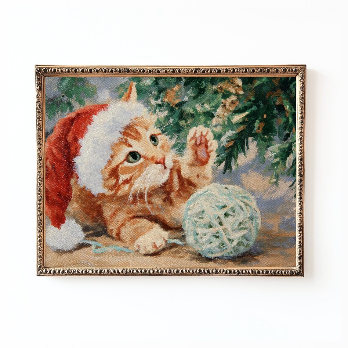 Orange Christmas Kitten Santa Hat Yarn Ball Cozy Holiday Wall Art