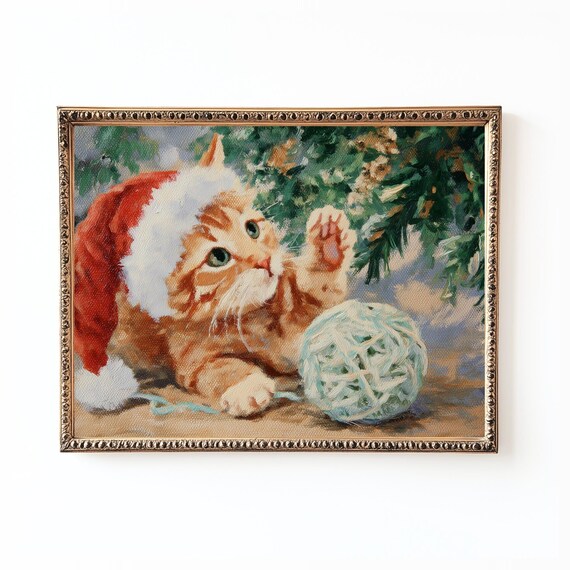 Orange Christmas Kitten Santa Hat Yarn Ball Cozy Holiday Wall Art